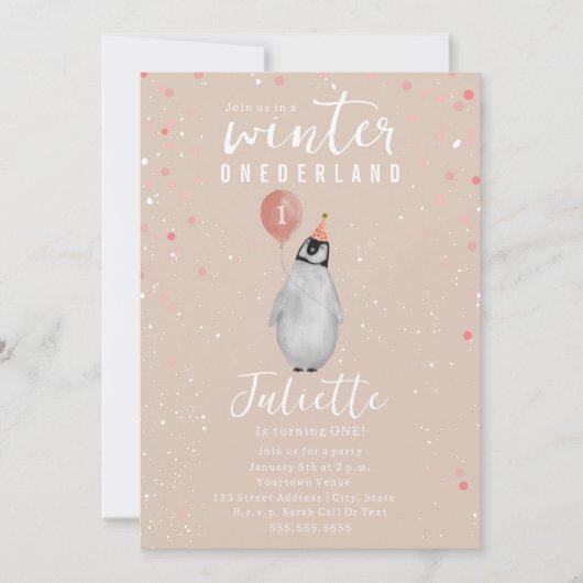 ウィンターオンダーランドピンクバルーンペンギン誕生日 招待状 (正面)