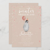 ウィンターオンダーランドピンクバルーンペンギン誕生日 招待状 (正面/裏面)