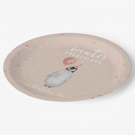ウィンターオンダーランドピンクペンギンバルーン誕生日 ペーパープレート (アングル)
