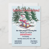 ウィンターオンダーランドファースト誕生日かわいいペンギン 招待状 (正面)