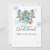 ウィンターオンダーランドファースト誕生日かわいい雪だるまブルー 招待状 (裏面)