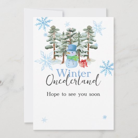 ウィンターオンダーランドファースト誕生日かわいい雪だるまブルー 招待状 (裏面)