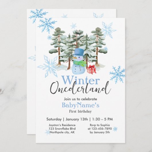 ウィンターオンダーランドファースト誕生日かわいい雪だるまブルー 招待状 (正面/裏面)