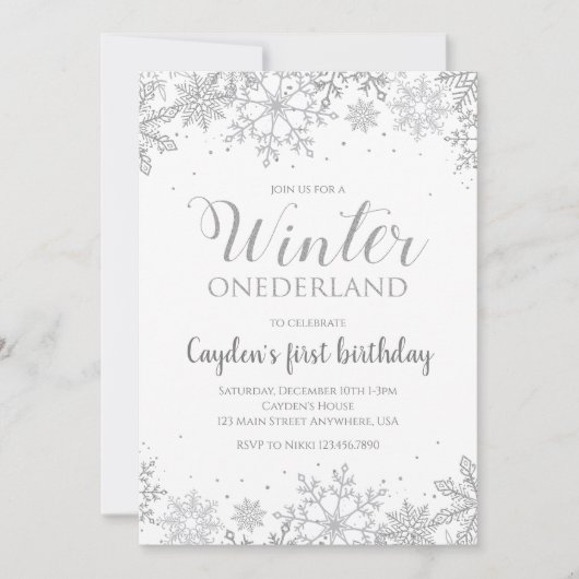 ウィンターオンダーランドファースト誕生日シルバースノーフレーク 招待状 (正面)