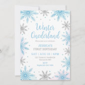 ウィンターオンダーランドファースト誕生日スノーフレーク 招待状 (正面)