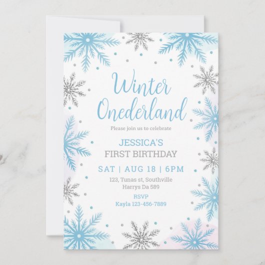 ウィンターオンダーランドファースト誕生日スノーフレーク 招待状 (正面)