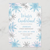 ウィンターオンダーランドファースト誕生日スノーフレーク 招待状 (正面/裏面)
