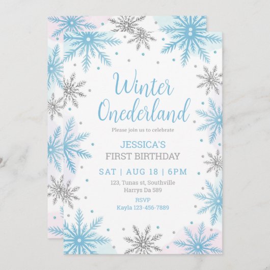 ウィンターオンダーランドファースト誕生日スノーフレーク 招待状 (正面/裏面)
