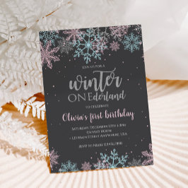 ウィンターオンダーランドファースト誕生日ピンクブルースノー 招待状
