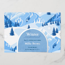 ウィンターオンダーランドファースト誕生日マウンテンスノー 箔招待状