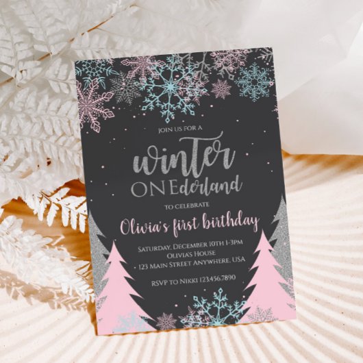 ウィンターオンダーランドファースト誕生日雪片の木 招待状