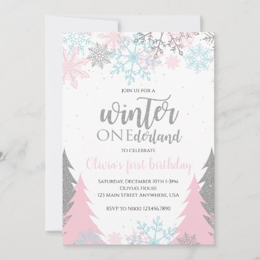 ウィンターオンダーランドファースト誕生日雪片の木 招待状 (正面)
