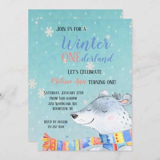 ウィンターオンダーランドファースト誕生日 招待状 (正面/裏面)