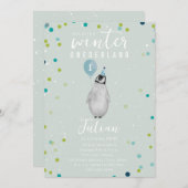 ウィンターオンダーランドペンギンブルーバルーン誕生日 招待状 (正面/裏面)