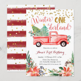 ウィンターオンダーランドレッドクリスマストラック誕生日 招待状