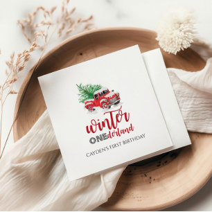 ウィンターオンダーランドレッドトラックファースト誕生日 スタンダードランチョンナプキン