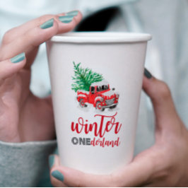 ウィンターオンダーランドレッドトラックファースト誕生日 紙コップ