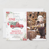 ウィンターオンダーランドレッドトラックボーイファースト誕生日 招待状 (正面)