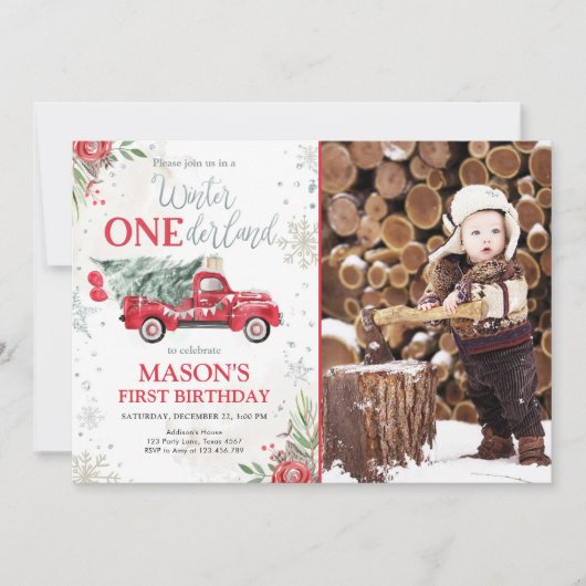 ウィンターオンダーランドレッドトラックボーイファースト誕生日 招待状 (正面)