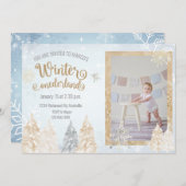 ウィンターオンダーランド最初の誕生日パーティースノーフレーク 招待状 (正面/裏面)