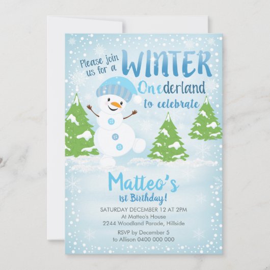 ウィンターオンダーランド第1誕生日招待状雪だるま 招待状 (正面)