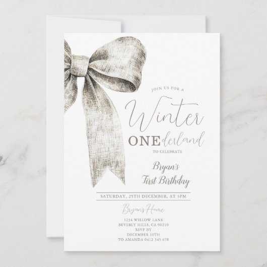 ウィンターオンデアランドシルバーボウタイ 1歳誕生日 招待状 (正面)