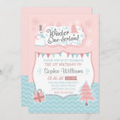 ウィンターオンデルランドの雪だるまガール 1歳の誕生日 招待状 (正面/裏面)