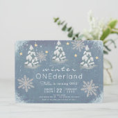 ウィンターオンデルランド シルバー雪の結晶 1歳の誕生日 招待状 (スタンド正面)