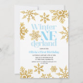 ウィンターオンデルランド ブルー ゴールド スノーフレーク 1歳の誕生日 招待状 (正面)