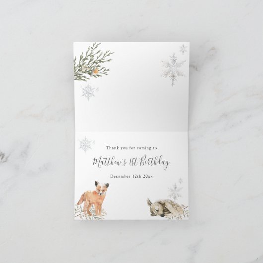 ウィンターオンデーランドの森の動物の誕生日折り紙 サンキューカード (内部)