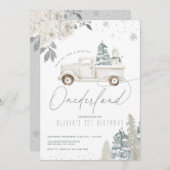 ウィンターオンデーランドの雪だるま 1歳の誕生日おめでとう 招待状 (正面/裏面)