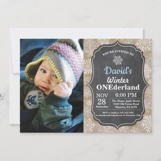 ウィンターオンデーランドの雪の結晶 青い男の子 1歳の誕生日 招待状 (正面)