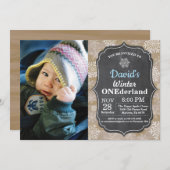 ウィンターオンデーランドの雪の結晶 青い男の子 1歳の誕生日 招待状 (正面/裏面)