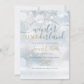 ウィンターオンデーランドの雪の結晶　1歳の誕生日 招待状 (正面)