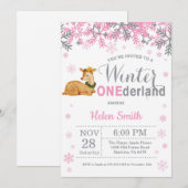 ウィンターオンデーランドの鹿の女の子 1歳の誕生日 招待状 (正面/裏面)