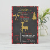 ウィンターオンデーランドの鹿の男の子1歳の誕生日招待状 招待状 (スタンド正面)