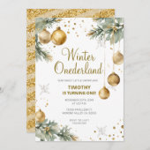 ウィンターオンデーランドゴールドビーズ1歳誕生日パーティー 招待状 (正面/裏面)