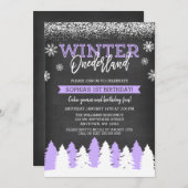 ウィンターオンデーランドパープルチョークボード1歳誕生日 招待状 (正面/裏面)