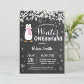 ウィンターオンデーランドペンギン女の子1歳の誕生日 招待状 (スタンド正面)