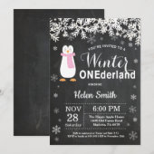 ウィンターオンデーランドペンギン女の子1歳の誕生日 招待状 (正面/裏面)