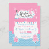ウィンターオンデーランド雪だるまピンクブルー1歳誕生日 招待状 (正面/裏面)