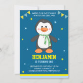 ウィンターオンデーランド かわいいペンギン 1歳の誕生日招待状 招待状 (正面)