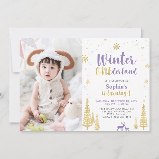 ウィンターオンデーランド、女の子 パープル 1歳の写真 誕生日 招待状 (正面)