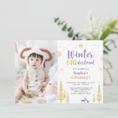 ウィンターオンデーランド、女の子 パープル 1歳の写真 誕生日 招待状 (スタンド正面)