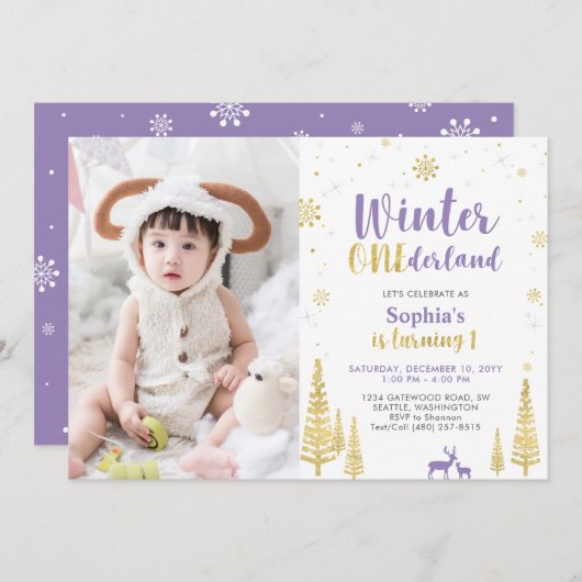 ウィンターオンデーランド、女の子 パープル 1歳の写真 誕生日 招待状 (正面/裏面)