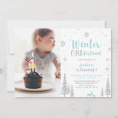 ウィンターオンデーランド、男の子の1歳の写真付き誕生日 招待状 (正面)