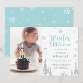 ウィンターオンデーランド、男の子の1歳の写真付き誕生日 招待状