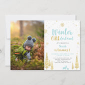 ウィンターオンデーランド, 男の子1歳の写真付き誕生日 招待状 (正面)