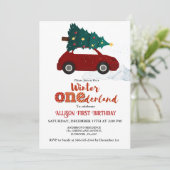 ウィンターオンデーランド 赤い車と木の1歳誕生日 招待状 (スタンド正面)