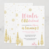 ウィンターオンデーランド 1歳の誕生日招待状 - 女の子 招待状 (正面/裏面)